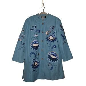 INDIGO MOON NEW $109 Blue Embroidered Floral Jacket Applique Button Front 1X
